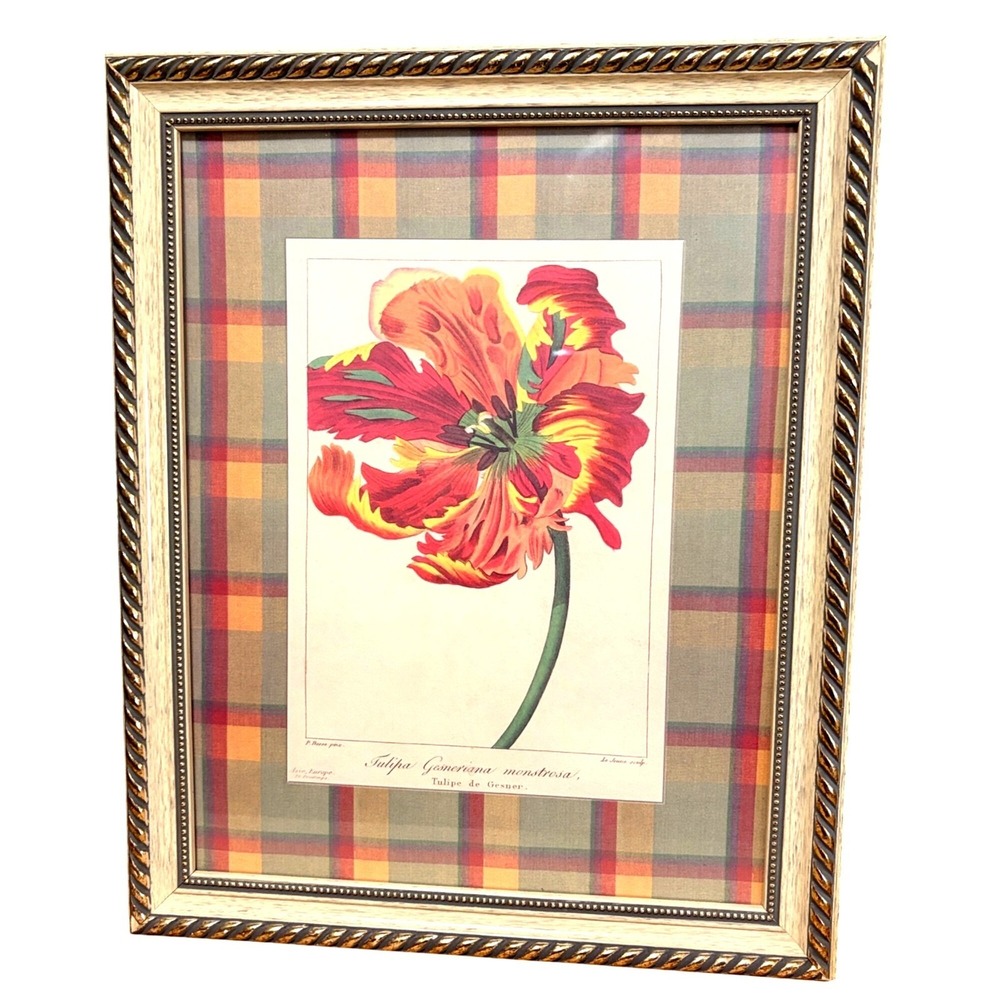 Set Of 2 Framed Tulip Botanical Prints Plaid Matting & Gold-Tone Frames - Picture 3 of 4